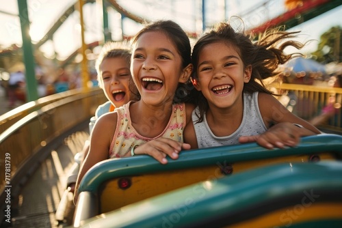 Mother and two children riding a rollercoaster at an amusement park or state fair, experiencing excitement, joy, laughter, and summer fun, Generative AI