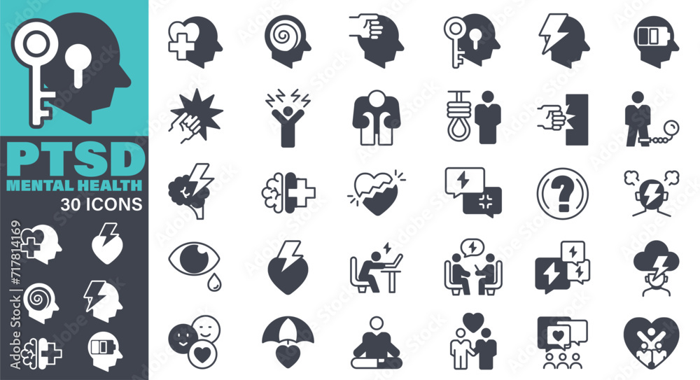 Mental health Icons set. Solid icon collection. Vector graphic elements, Icon Symbol, depression, bipolar, PTSD, panic, mind disorder, psychology. 