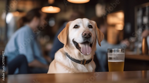 Pet friendly places concept. Smiling golden retriever sitting at the table in a cafe. Emotional support concept. photo