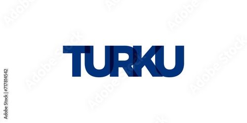 Turku in the Finland emblem. The design features a geometric style, vector illustration with bold typography in a modern font. The graphic slogan lettering.
