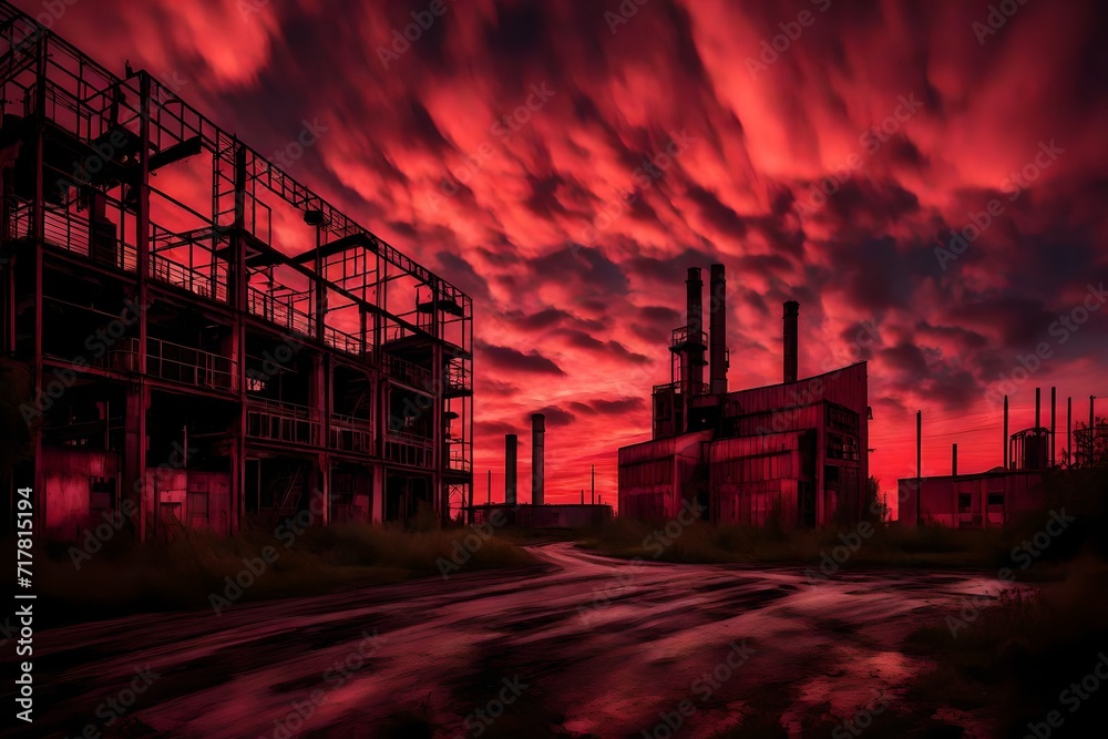  Abandoned industrial complex under a blood-red sky at dusk