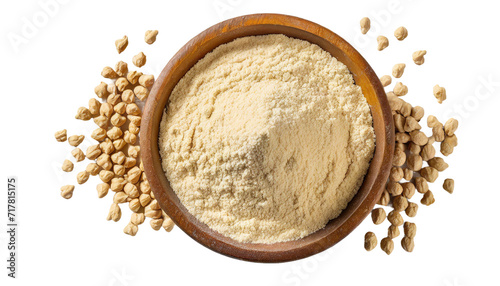 Raw chickpea flour in a wooden bowl. Isolated on transparent background photo