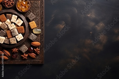 Ramadan food made from assorted middle eastern sweets maamoul, basbousa, awameh. Concept of celebration traditional arabic Eid al Adha, Eid al Fitr, flatlay layout, top view photo