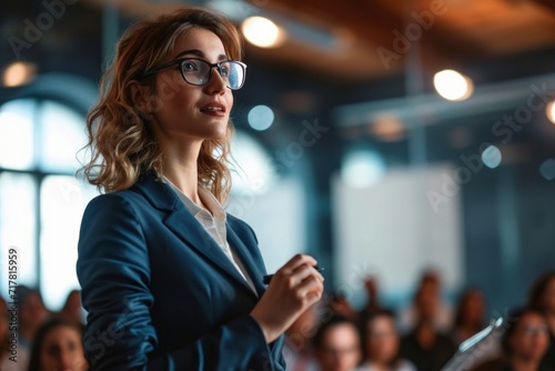 Confident businesswoman delivering a corporate presentation at a seminar or conference. The image showcases her expertise and leadership skills in a professional setting, Generative AI