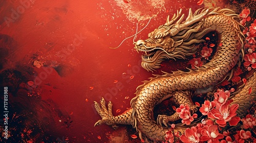 Dragon's Den: A Golden Dragon Lays in Red Petals Generative AI