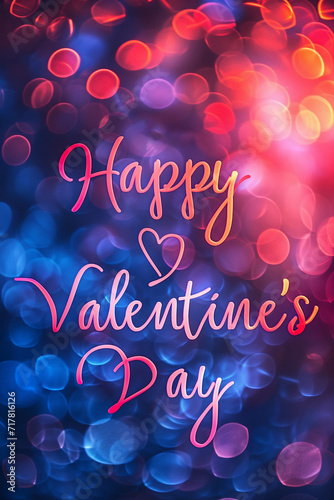 Valentine's Day greeting card with inscription, colorful romantic background with bokeh effect, poster for love day