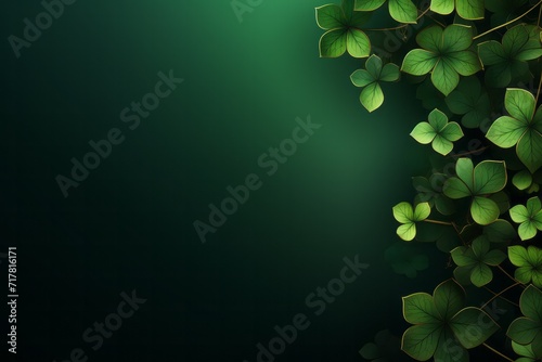 Green clover leaves on a green blue background. St. Patrick's Day celebration, luck and fortune concept, copy space