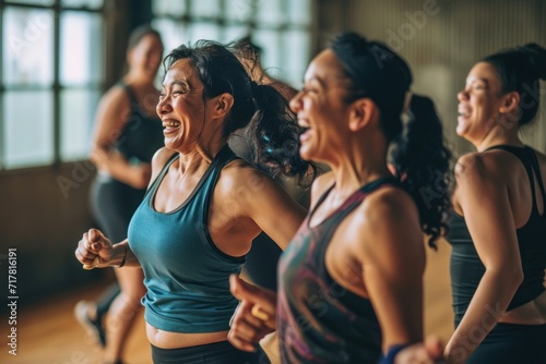 Middle-aged women enjoying a joyful dance class, candidly expressing their active lifestyle through Zumba with friends, Generative AI