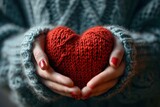 Female hands holding red heart stock photo. ein rotes gestricktes Herz in den Händen halten