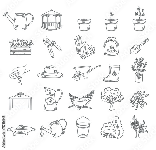 25 beautiful hand drawn garden icon set vector illustration, gardening pictograms