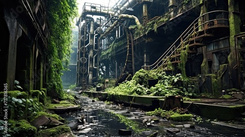Rust-covered, reclaimed by nature, derelict, overgrown, abandoned structure. Generated by AI.