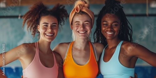 Group of female athletes celebrate their healthy and active lifestyle in a sports studio