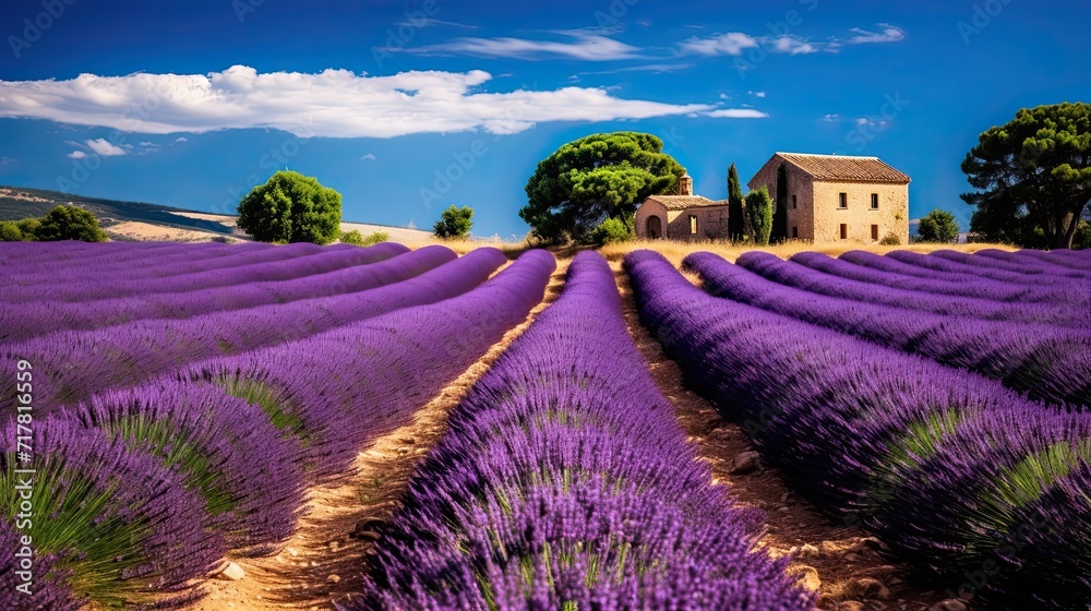 Fototapeta premium Provence sun, lavender fields, captivating scene, essence of tranquility, natural beauty, kisses. Generated by AI.