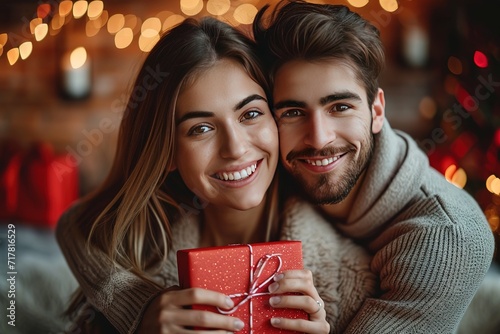 Saint Valentine's Day celebration, gift giving and romantic couple concept. Portrait of happy smiling young man and woman hugging and holding red present box photo