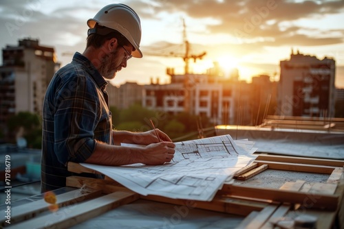 An architect scrutinizes building plans on a rooftop, overseeing an outdoor construction project, reflecting expertise and commitment to design excellence, Generative AI photo