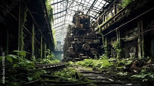 The silent resurgence of nature adorns an abandoned. Rusty, reclaimed by nature, derelict, overgrown, abandoned structure. Generated by AI.