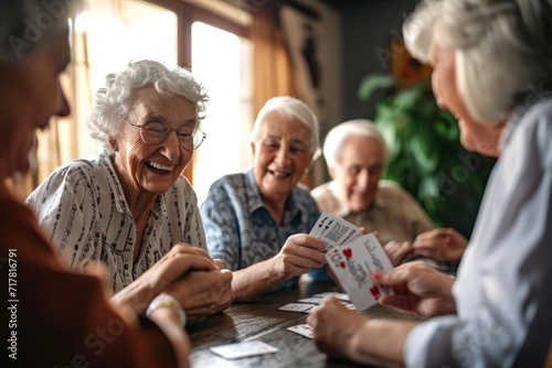 Joyful group of seniors playing cards and sharing laughter in a retirement nursing home, camaraderie and enjoyment create a warm and lively atmosphere in the community living space, Generative AI