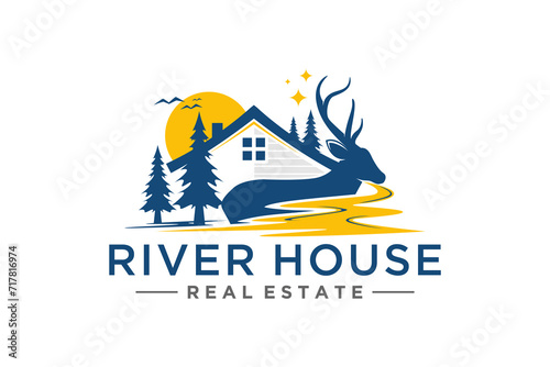 River house ranch sunset, property business logo with silhouette elements of antlered deer, pine trees and river or lake water. 