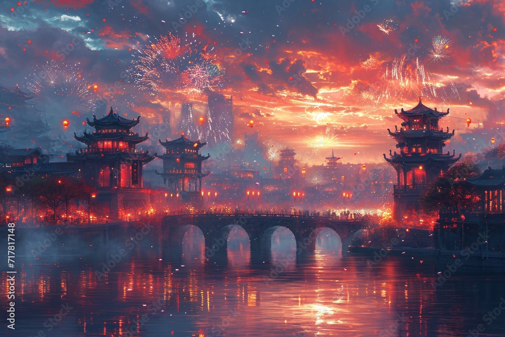Chinese New Year Celebration: A Spectacular Firework Display Over the River Generative AI Chinese New Year Celebration: A Spectacular Firework Display Over the River Generative AI