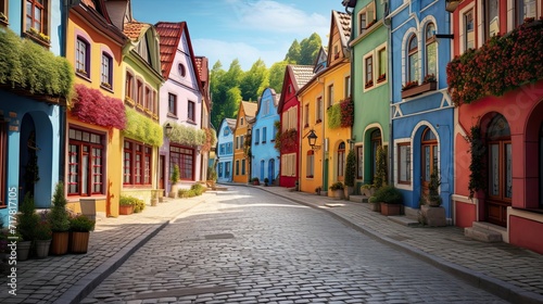 A serene settlement with winding cobblestone streets. Quaint village, meandering pathways, historic cobblestone roads. Generated by AI. © Anastasia