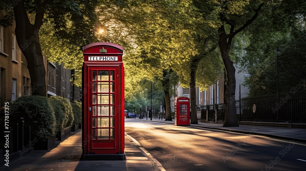 Obraz premium Classic, red telephone booth, charming streets, quintessential, London landmark, communication, vintage, iconic. Generated by AI.
