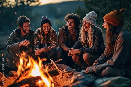 Joyous group of millennials laughing and bonding around a campfire, embodying friendship and fun during a wilderness camping adventure, Generative AI