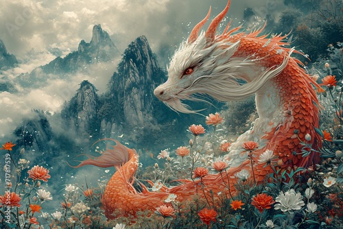 Dragon's Den: A Fantasy World of Flowers and Mountains Generative AI © Mansi