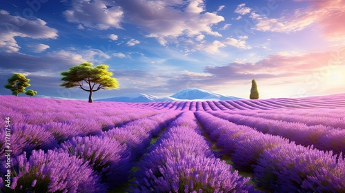 Vibrant lavender fields  Provence sun  picturesque vista  whispers of serenity  warm embrace. Generated by AI.