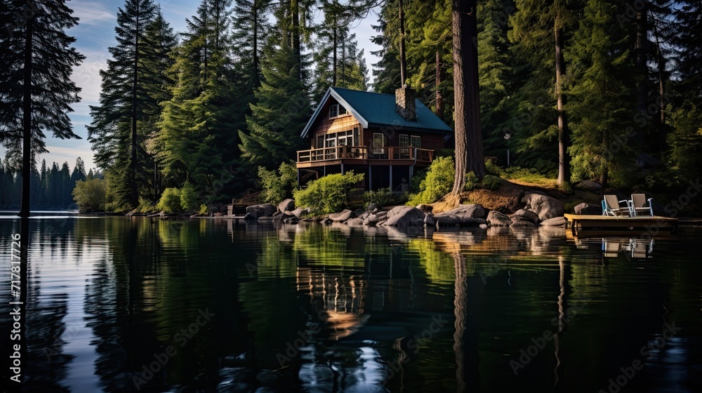 Secluded lakeside cottage nestled amidst tall pine trees. Quiet waterside haven, serene forest retreat, secluded cabin. Generated by AI.