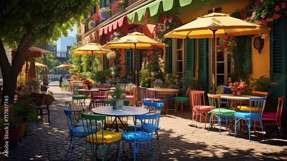 Idyllic sun-kissed café with charming outdoor seating and colorful umbrellas. Quaint appeal, al fresco comfort, vibrant canopy. Generated by AI.