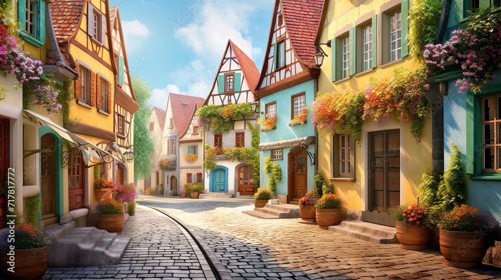 Charming village adorned with cobblestone streets. Quaint streetscape, historic charm, old-world ambiance. Generated by AI.
