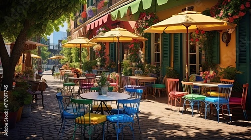 Idyllic sun-kissed café with charming outdoor seating and colorful umbrellas. Quaint appeal, al fresco comfort, vibrant canopy. Generated by AI.