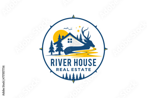 River house ranch sunset, property business logo with silhouette elements of antlered deer, pine trees and river or lake water. 