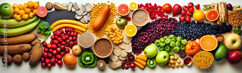 arranged in groups by colour close up fruits, vegetables, cereals, spices, bakery products, dairy products, sweets top view photo