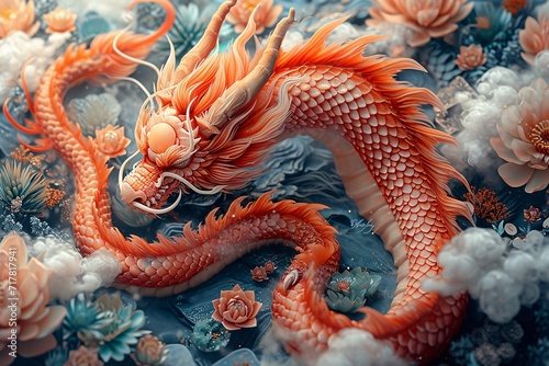 Dragon's Dream: A Fantasy Artwork of a Red Dragon with Flower Decorations Generative AI © Mansi