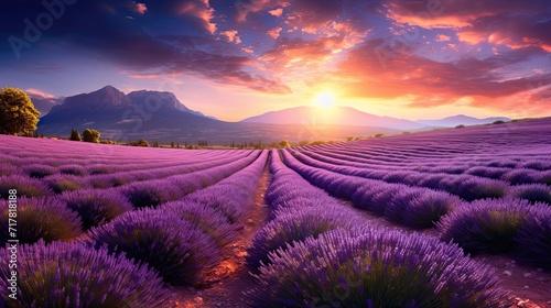 Lush lavender fields, warm embrace, Provence sun, picturesque scene, fragrant beauty, serenity. Generated by AI.