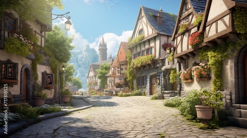 Old-fashioned village graced with cobblestone streets. Quaint streetscape, historic charm, picturesque cobblestone paths. Generated by AI. © Anastasia