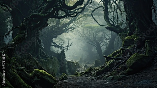 Otherworldly charm  fog-laden grove  age-old forest  twisted limbs  mystical aura. Generated by AI.