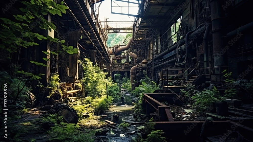 Rust-covered, reclaimed by nature, derelict, overgrown, abandoned structure, nature's resurgence. Generated by AI.