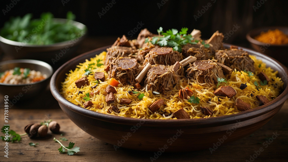 pices and textures in a side view of a meticulously prepared lamb biryani on a rustic wooden table of basmati rice, tender lamb, and aromatic herbs