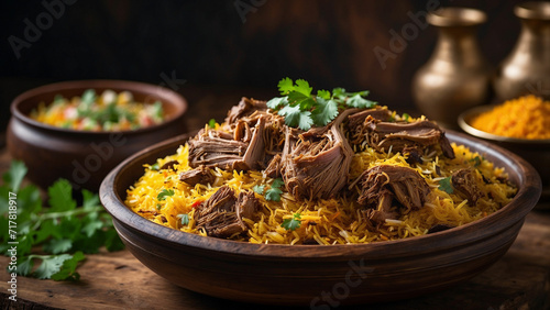 pices and textures in a side view of a meticulously prepared lamb biryani on a rustic wooden table of basmati rice, tender lamb, and aromatic herbs photo