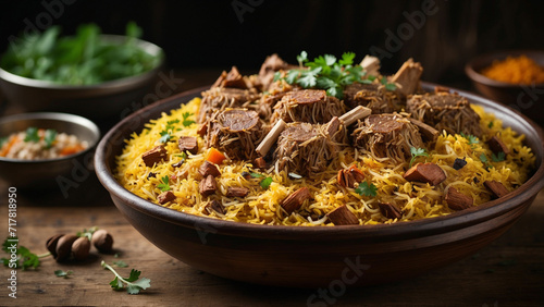 pices and textures in a side view of a meticulously prepared lamb biryani on a rustic wooden table of basmati rice, tender lamb, and aromatic herbs photo