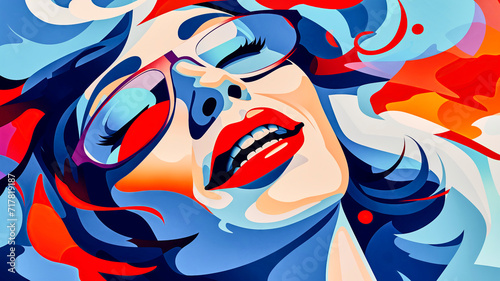 Graphic representation of a woman s face with glasses featuring distinct blue and red areas
