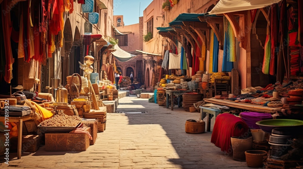 Vibrant, street market, colorful, cultural, fabrics, textiles, diverse, patterns, textures, bustling stalls. Generated by AI.