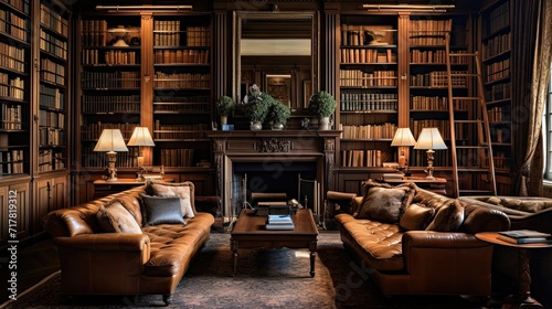 Welcoming, cozy library, walls adorned with books, inviting plush armchairs, immersive, reading experiences, relaxation. Generated by AI. © Anastasia
