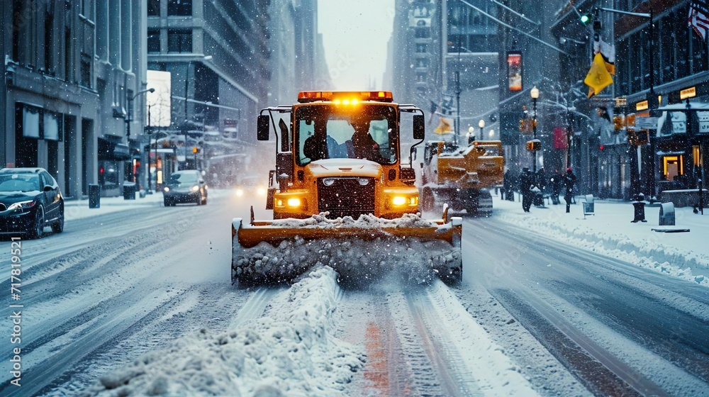 Snow removal orange equipment in the city street. Snow truck tractor cleaning snowy road in snowstorm. Cleaning and clearing roads in the city from snow in winter. Snow removal after snowfalls and Snow removal orange equipment in the city street. Snow truck tractor cleaning snowy road in snowstorm. Cleaning and clearing roads in the city from snow in winter. Snow removal after snowfalls and