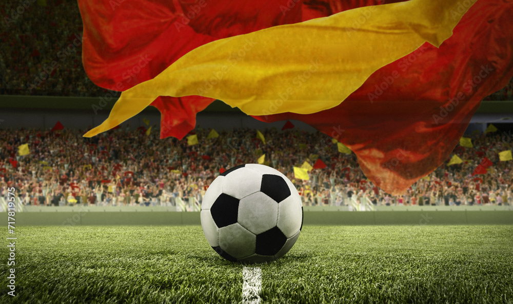 Naklejka premium Promotional material for international football events. Soccer ball on grass field, stadium with national attribute, flag. Sport fans on tribune. Concept of competition, championship, tournament, game