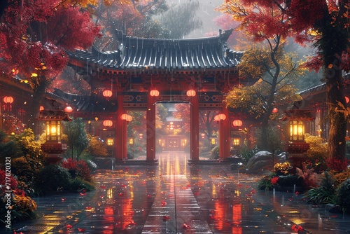 Autumnal Enchantment: A Red-Hued Pathway Leads to a Traditional Asian Archway Generative AI