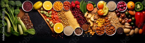 arranged in groups by colour close up fruits, vegetables, cereals, spices, bakery products, dairy products, sweets top view