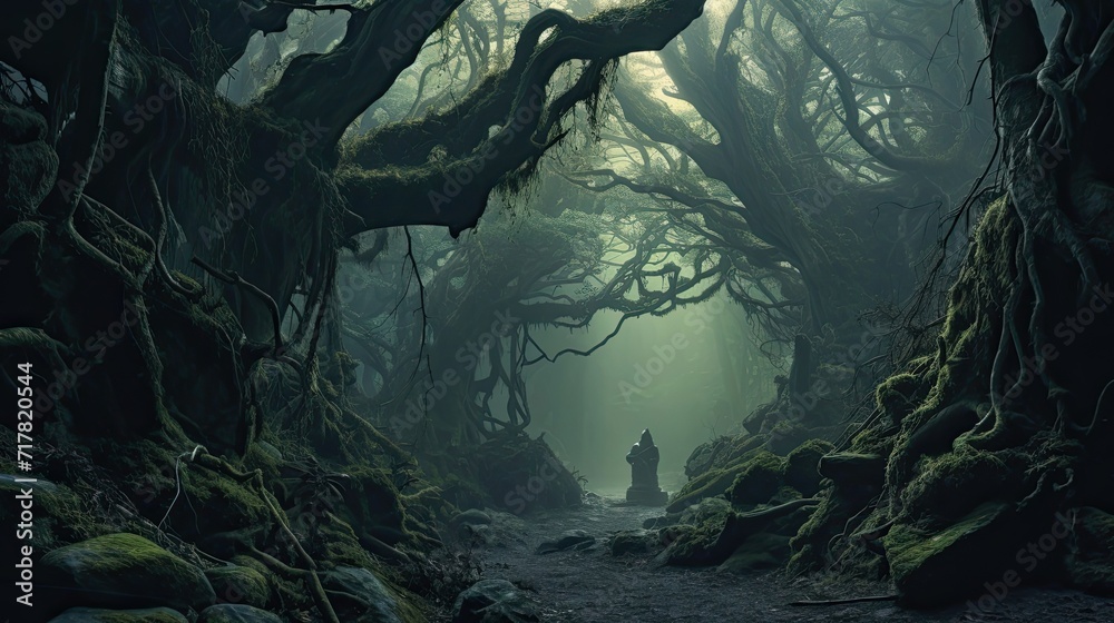 Concealed woodland veiled in mystical mist, adorned with ancient gnarled trees. Enigmatic fog, ancient forest, twisted silhouettes, magical glen. Generated by AI. - obrazy, fototapety, plakaty 